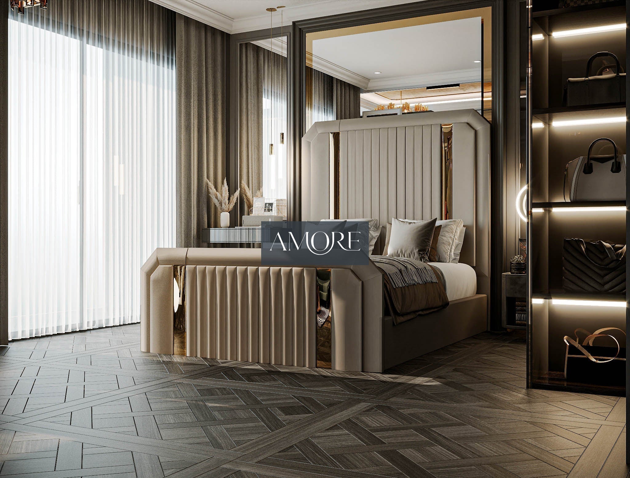 Samy Glossy Gold Strip Elegance Bed, Fabric Bed, Gold Strip Bed, Upholstered Bed, New Bed, Chesterfield Bed