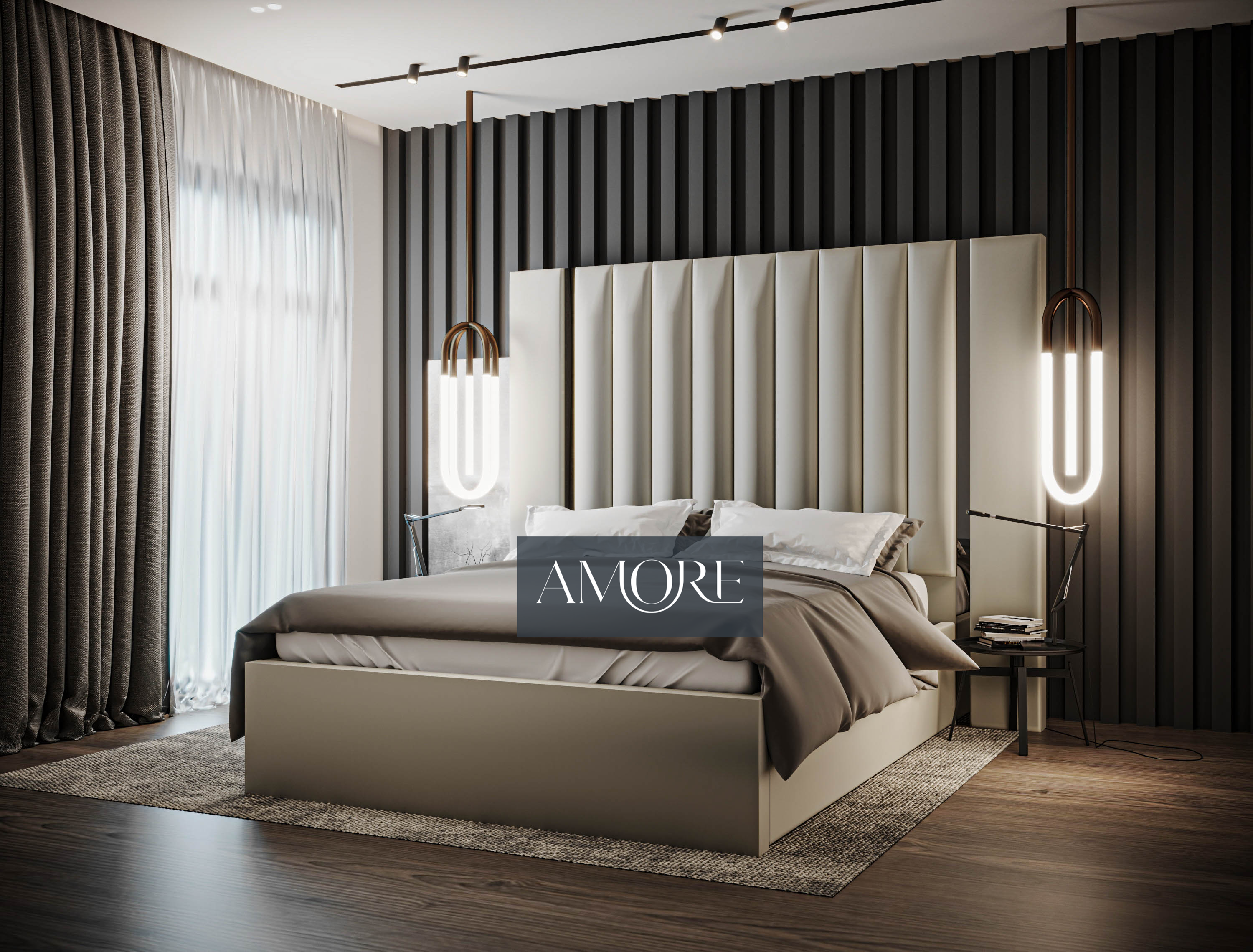 Aurora Wide Extended Headboard Mirror Stripe Panelled Bed, extended headboard bed, cream bed, new bed, wide headboard bed, upholstered bed, bed frame, fabric bed, bed in uk