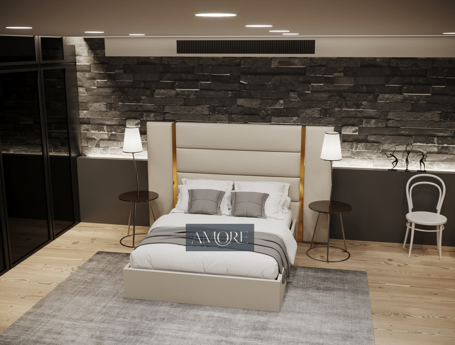 Eloy Wide Extended Headboard Gold Stripe Panelled Bed