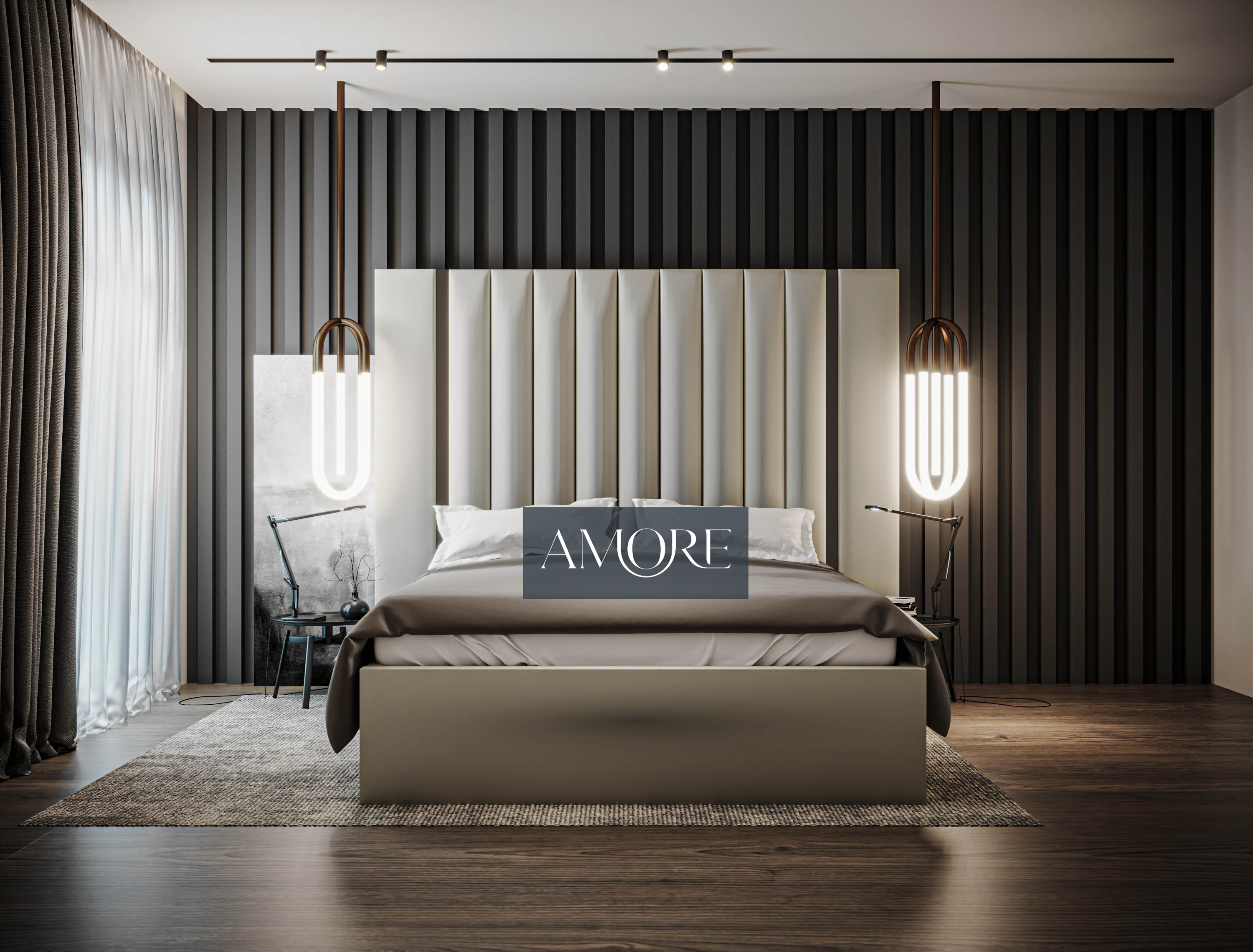 Aurora Wide Extended Headboard Mirror Stripe Panelled Bed, extended headboard bed, cream bed, new bed, wide headboard bed, upholstered bed, bed frame, fabric bed, bed in uk