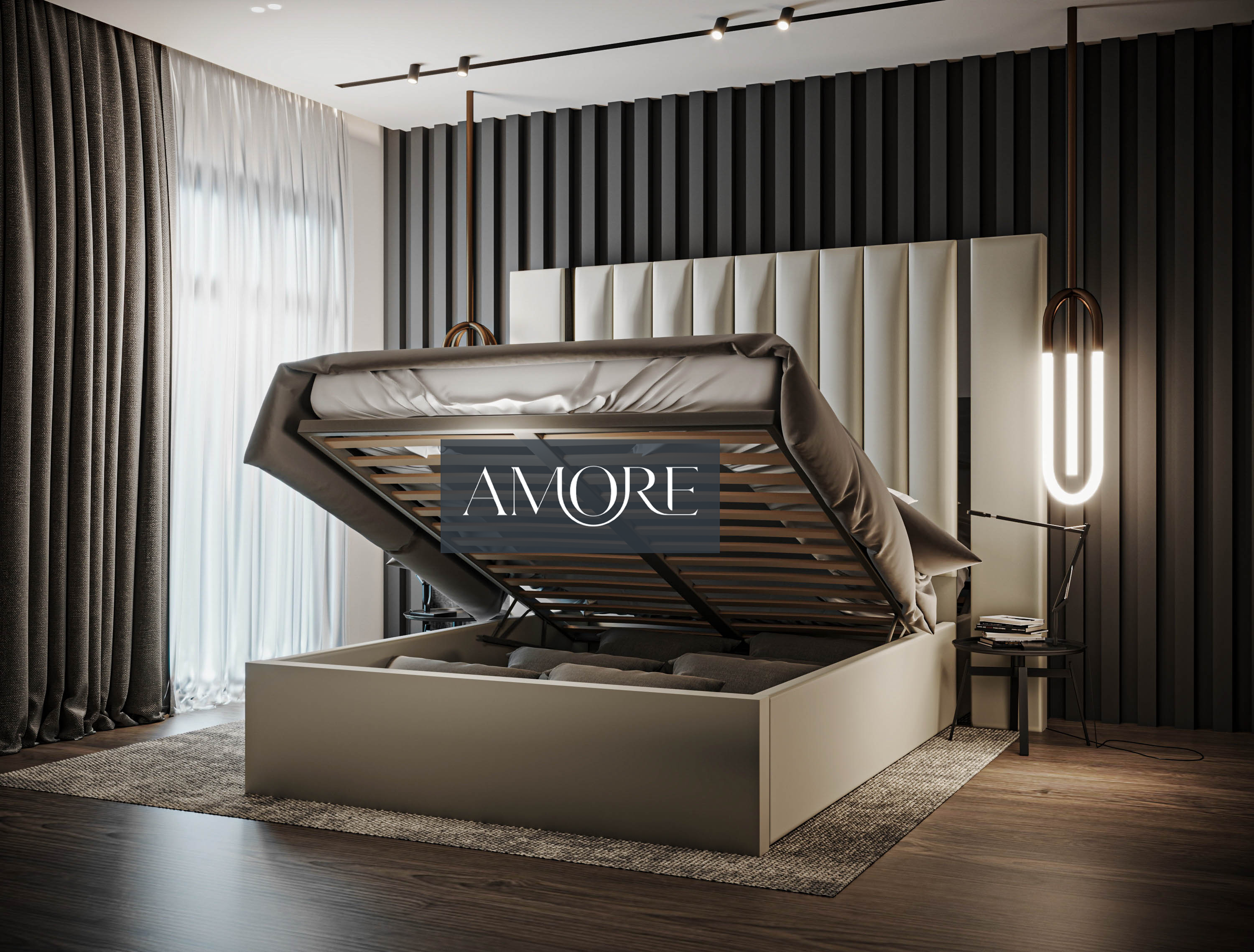 Aurora Wide Extended Headboard Mirror Stripe Panelled Bed, extended headboard bed, cream bed, new bed, wide headboard bed, upholstered bed, bed frame, fabric bed, bed in uk