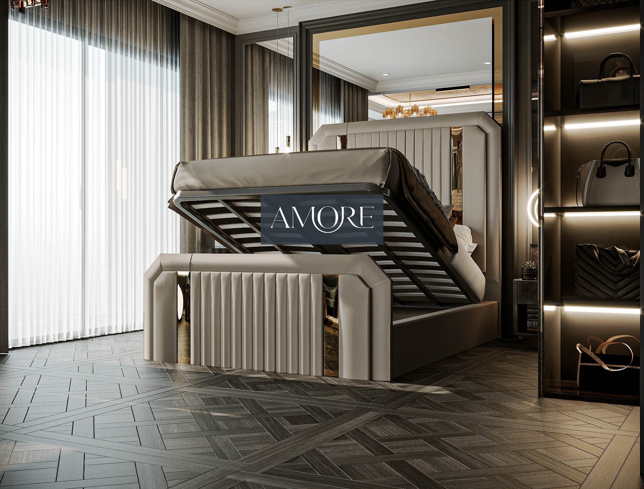 Samy Glossy Gold Strip Elegance Bed, Fabric Bed, Gold Strip Bed, Upholstered Bed, New Bed, Chesterfield Bed