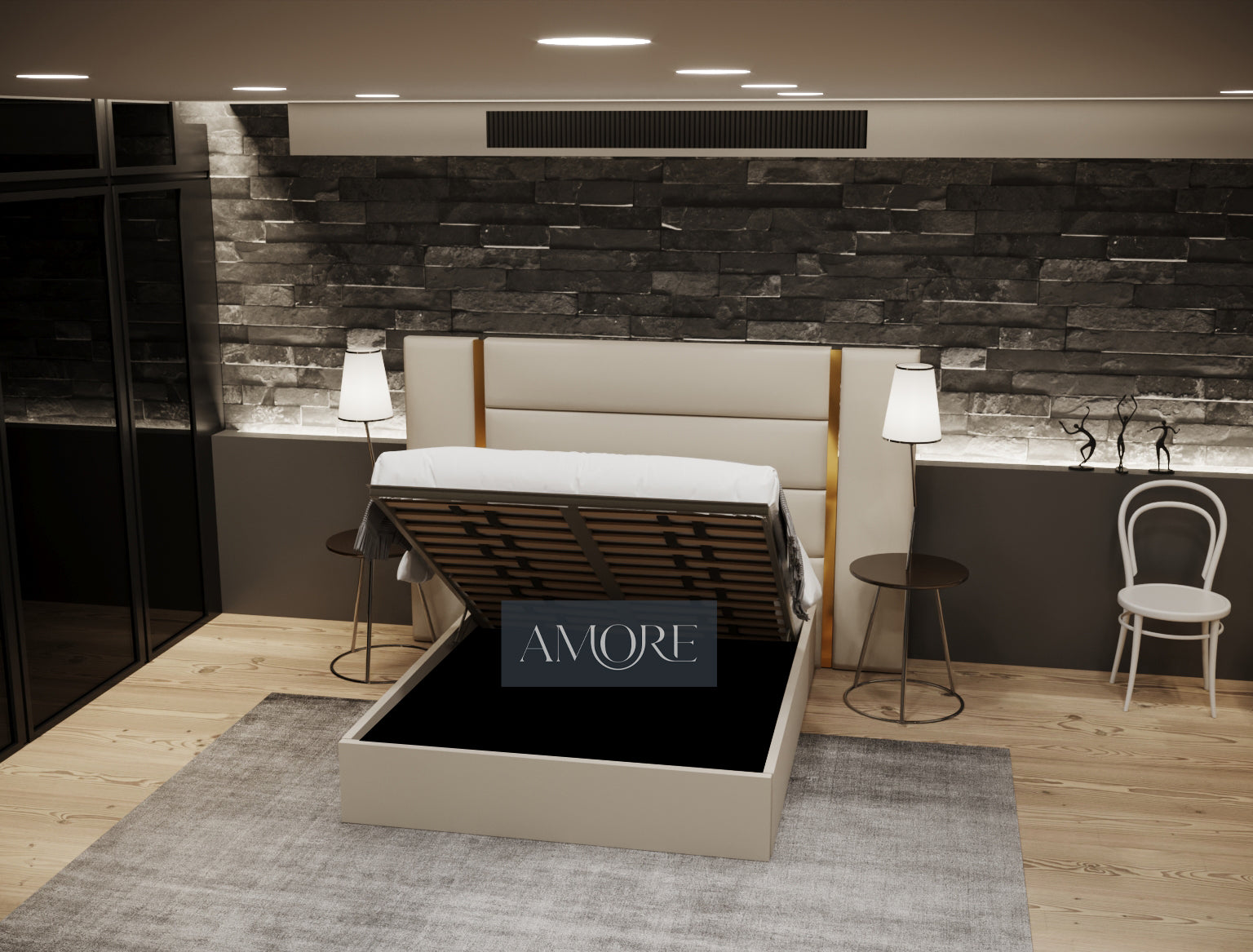 The Eloy Wide Extended Headboard Gold Stripe Panelled Beds