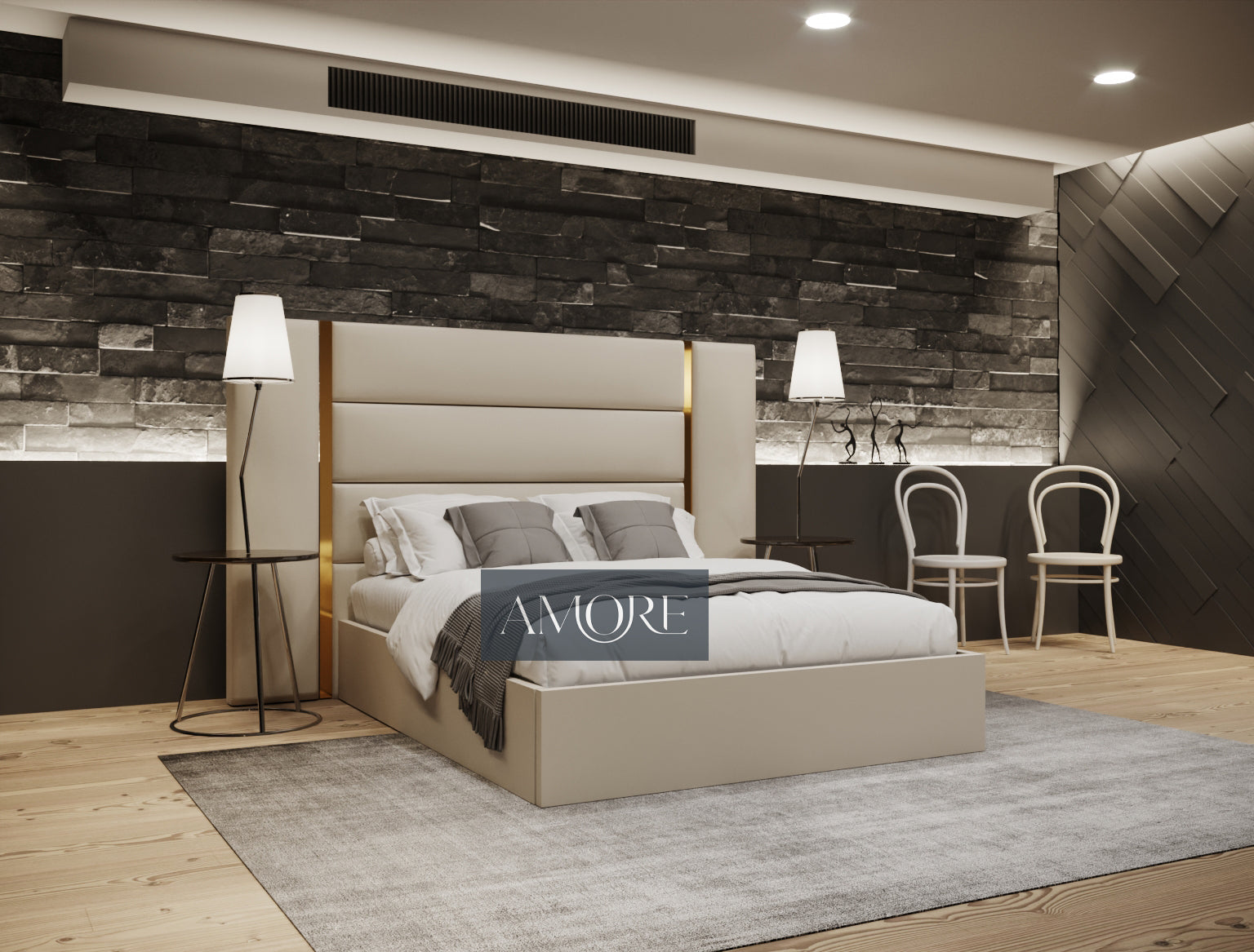 Eloy Wide Extended Headboard Gold Stripe Panelled Bed