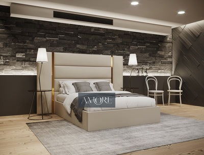 Eloy Wide Extended Headboard Gold Stripe Panelled Bed