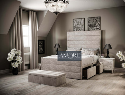 Leland Wide Headboard Upholstered Line Panel Storage Divan Drawer Bed, Drawer Bed, Divan Bed, Storage Bed, Drawers