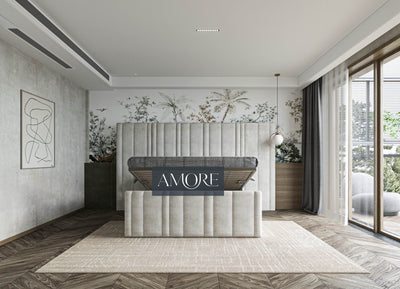 Kirsten Stripe Line Panel Wide Headboard Bed , Wide Headboard Bed, upholstered bed, fabric bed, luxury bed